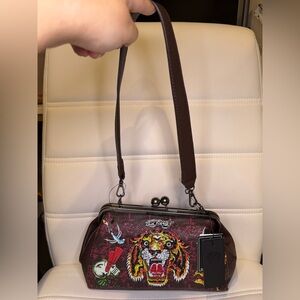 NWT Ed Hardy Rhinestone Tattoo Tiger Kiss Lock Mini Pouch Crossbody Bag